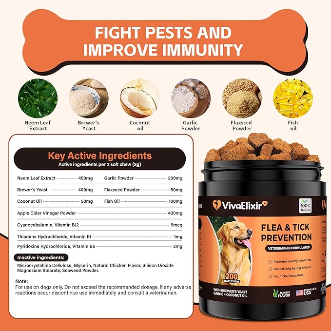 Flea and Tick Prevention for Dogs – 200 Soft Chews - Dog Flea and Tick Treatment & Oral Flea Pills – Skin & Coat Health - Made in USA - for Small, Medium, Large Dogs-Mewly Pet