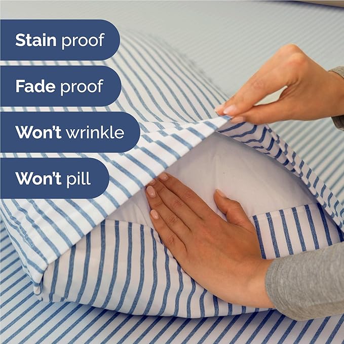 Twin XL 4 Piece Sheet Set - Comfy Breathable & Cooling - Soft Hotel Luxury Bedding Set with 8-16 Inch Deep Pockets - 1 Flat & 1 Fitted Sheet & 2 Pillowcases - Wrinkle Free & Easy Care - Blue Stripes 2