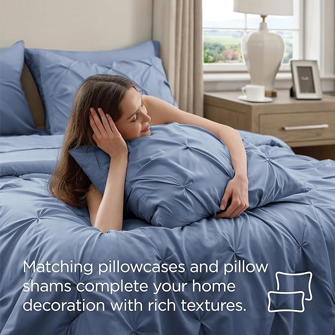 Bedsure Full Comforter Set Slate Blue - Bed in a Bag Full Size Bedding Set 7 Pieces, GentleSoft™ Pintuck Bed Set Gift for Family, Pinch Pleat All Season Comforter with Sheets, Pillowcases & Shams
