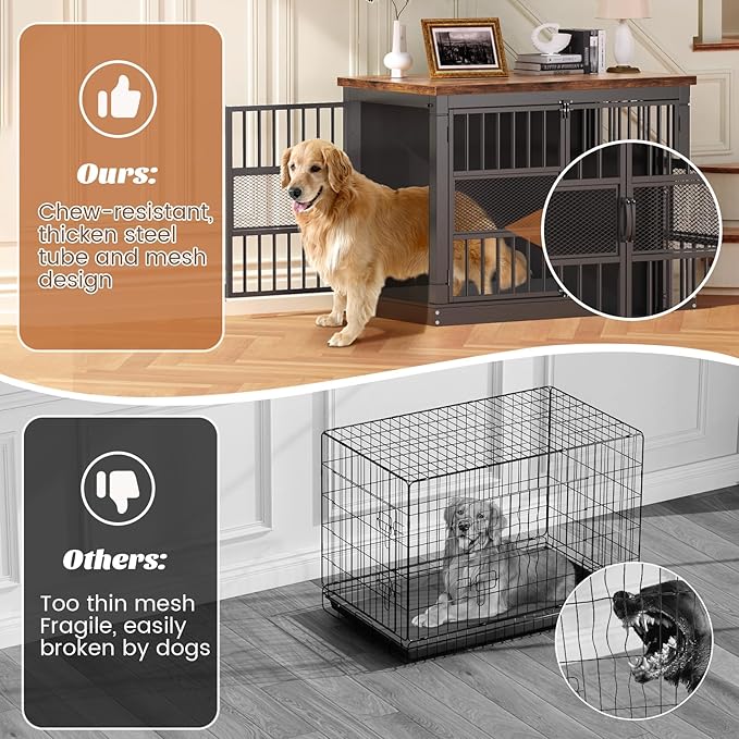 VOPEAK 40" Dog Crate Furniture, Chew Resistant Dog Crate for Dogs, Heavy Duty Dog Crates Dog Kennel Cage Indoor with Double Doors, End Table for Bedroom Living Room, Black-Mewly Pet