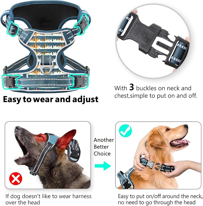 Timos Dog Harness, NO Need Go Over Dogs Head 3 Snap Buckles with 2 Leash Clips, Adjustable Soft Padded No-Pull Dog Harness, Reflective No-Choke Pet Oxford Vest for Small Medium Large Dogs-Mewly Pet