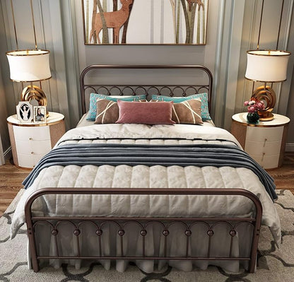 Metal Bed Frame Queen Size with Vintage Headboard and Footboard Platform Base Wrought Iron Double Bed Frame (Queen, Antique Brown)