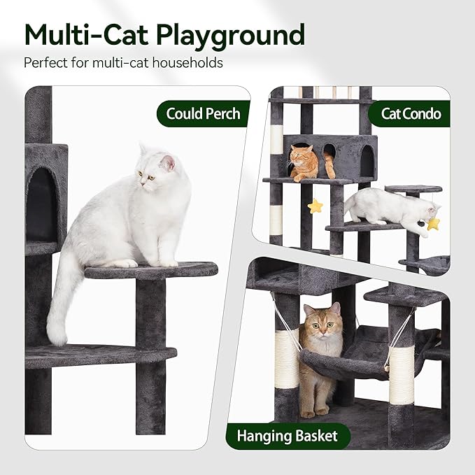 85in Giant Cat Tree for Heavy Duty Big Cats, Large Cat Trees with Scratching Post, Cat Tree Tower with Cat Condos, Hammock & Plush Perch for Maine Coon, Smoky Gray-Mewly Pet
