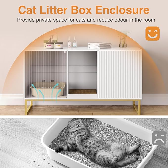 Litter Box Enclosure for 2 Cats, Fluted Hidden Cat Litter Box Furniture with Scratch Pad and Metal Legs, Modern Double Room Kitty House for Living Room, Washroom, 47.2”L x 17.7”W x 25.9”H, White-Mewly Pet