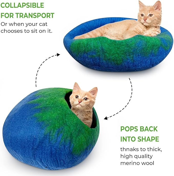 Woolygon Premium Felt Cat Cave Bed – Wool Kitty Beds Handcrafted Kitten Caves Bed for Indoor Cats - Made from 100% Eco-Friendly Merino Wool, Foldable Cat Hidewawy Covered Cat Houses (Emerald Indigo)-Mewly Pet