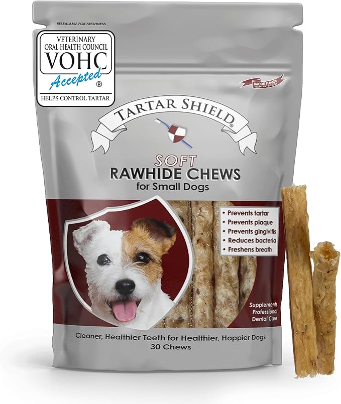 Tartar Shield Soft Rawhide Chews | Safe Dental Treats for Small Dogs | Vet VOHC Approved | Daily Bone Cleans Teeth & Gums Fresh Breath Oral Health Support | USA Made | (Small Dogs / 30 Count)-Mewly Pet