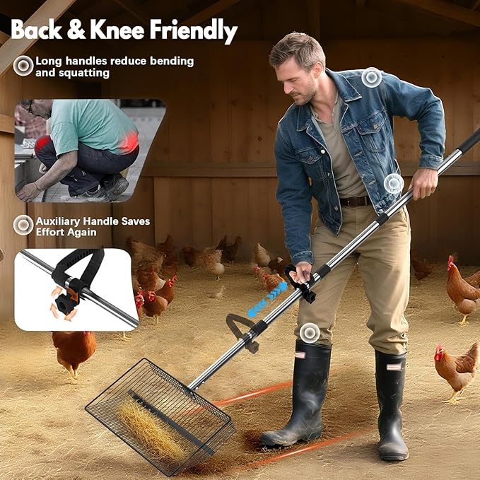 15inch Large Chicken Poop Scooper, 2 Slot Widths (0.16"&0.28"), 39" to 76" Adjustable Stainless Steel Handle, Sifting Litter Shovel for Chicken Coop/Stables/Farm Cleaning(with Effortless Grip)-Mewly Pet