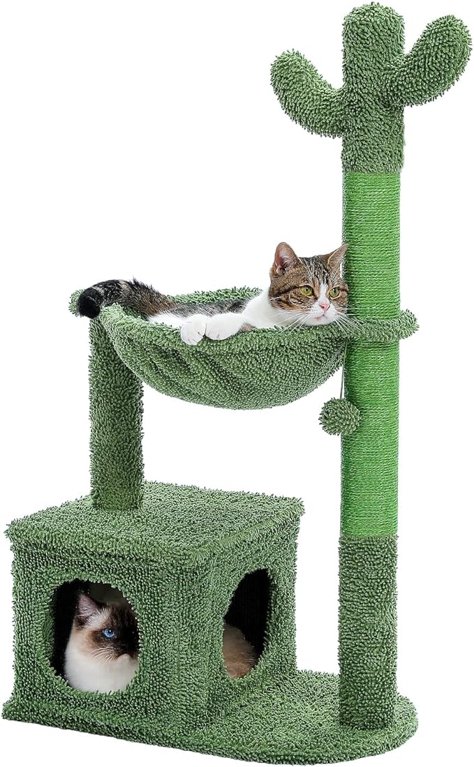 Cactus Cat Tree 40" Cat Tower with Large Metal Carpet Hammock, Cat Scratching Post for Indoor Cats with Condo & Replaceable Toy Ball, Green-Mewly Pet