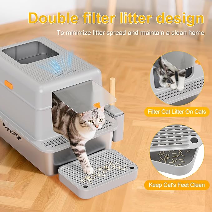 Stainless Steel Litter Box with Lid, 20L Metal Enclosed Litter Box for Big Cat, Flip-Top Design with Anti-Leakage High Sides, Large Cat Lovers Gifts (#1 Gray)-Mewly Pet