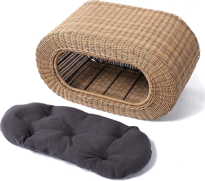 Fun Stackable Wicker Cat Hideaway House - Interactive Play Rattan Cat House for Indoor Cats Kitty, Pet Friendly Top/Side House Entry, Cat Bed Enclosed-Mewly Pet