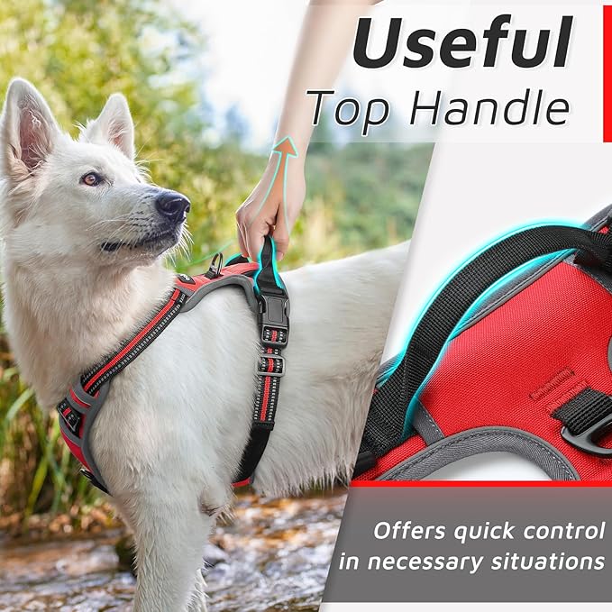 Eagloo Dog Harness for Large Dogs, No Pull Service Vest with Reflective Strips and Control Handle, Adjustable and Comfortable for Easy Walking, No Choke Pet Harness with 2 Metal Rings, Red, L-Mewly Pet