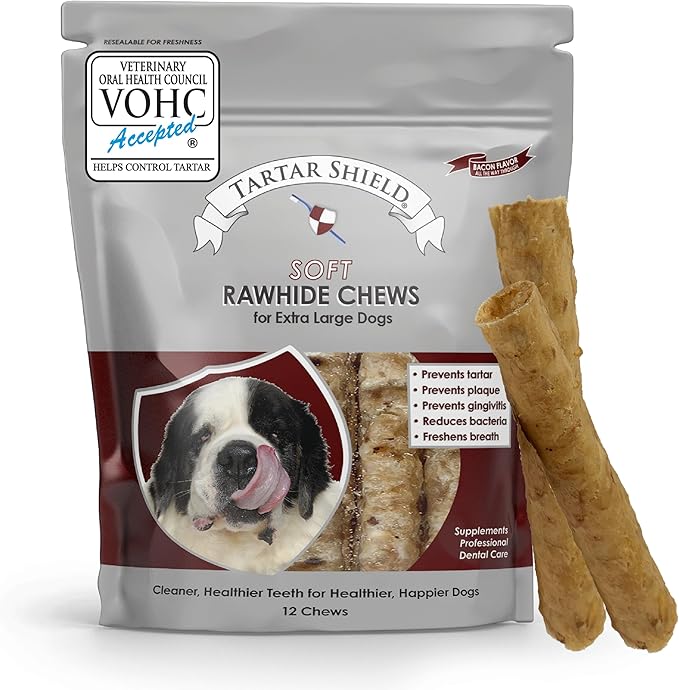 Tartar Shield Soft Rawhide Chews | Safe Dental Treats for Large Dogs | Vet VOHC Approved | Daily Bone Cleans Teeth & Gums Fresh Breath Oral Health Support | USA Made | (XL Dogs / 12 Count)-Mewly Pet