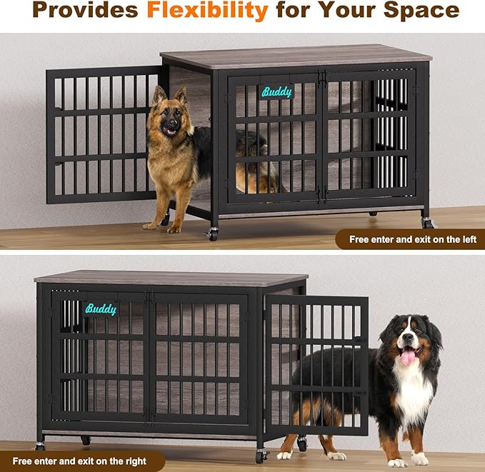 EasyCom 48"/42"/33" XXL Dog Crate Furniture with Casters, Heavy Duty Dog Kennel Indoor for Large Dogs, Escape-Proof and Chew-Proof Dog Cage for high Anxiety Dog, Decorate House as TV Stand, End Table-Mewly Pet