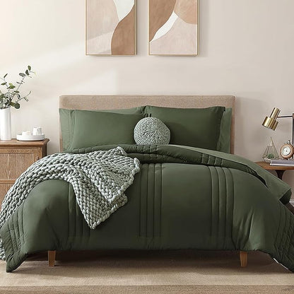 Monbix King Size Comforter Set - 7 Pieces Bed in a Bag King, Olive Green Bedding Sets with Comforter, All Seasons Down Alternative Comforter Bed Set with Sheets, Pillowcases & Shams
