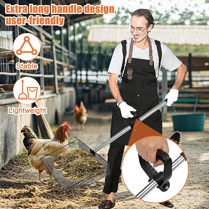 15 inch Large Chicken Poop Scooper with Ergonomic Grip, 6 in 1 Detachable Chicken Scooper for Poop Shovel (20 to 79"), Stainless Steel Sifting Shovel for Chicken Coop/Goat Stall/Stable Cleaning Tool-Mewly Pet