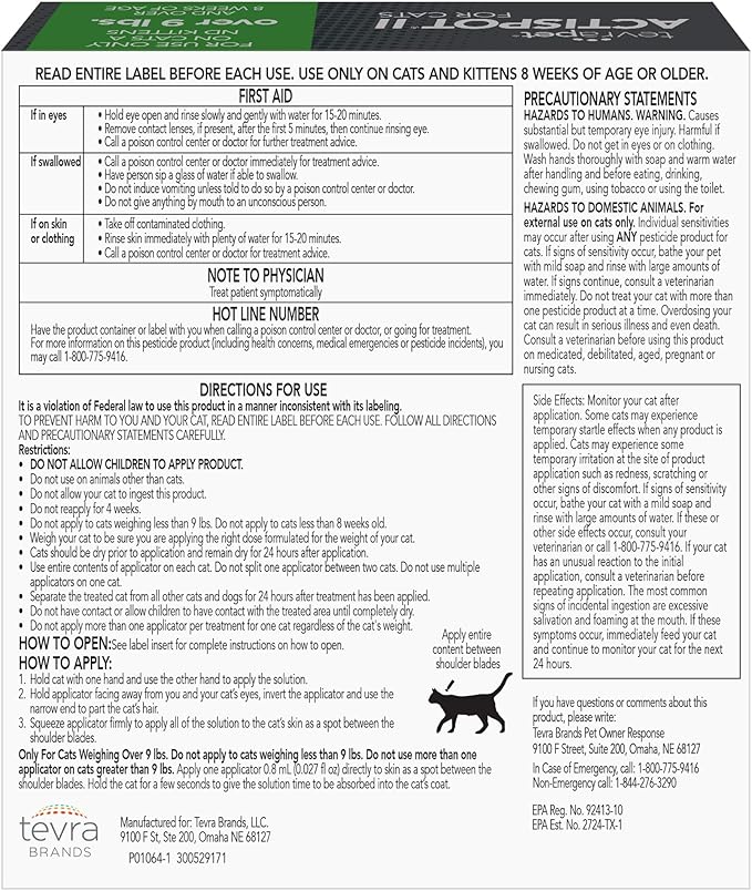 TevraPet Actispot II Flea Treatment for Large Cats 9+ lbs | 6 Doses | Powerful Prevention and Control-Mewly Pet