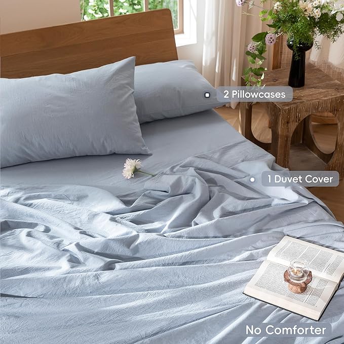MooMee Bedding Duvet Cover Set 100% Washed Cotton Linen Like Textured Breathable Durable Soft Comfy (Heathered Cornflower Blue, Queen 90"x90")