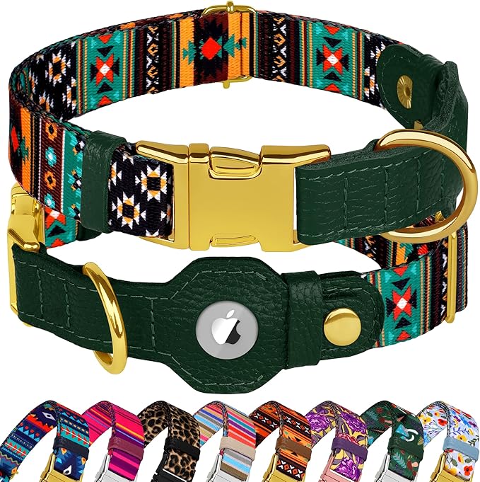 AirTag Dog Collar for Small Medium Large Breed - Adjustable Cute Pattern Dog Collar with Airtag Holder - Soft Leather Tracker GPS Apple Air Tag Pet Collars (Large, 17"-21" Neck Fit, Tribal)-Mewly Pet
