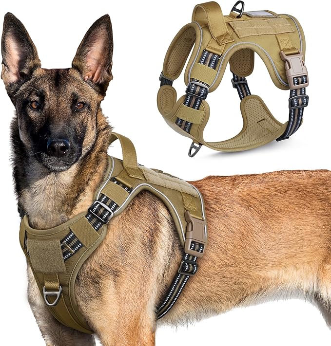 rabbitgoo Tactical Dog Harness for Large Dogs, No Pull Military Service Vest with Handle & Molle, Easy Control for Training Walking, Adjustable Reflective Straps, Brown, XL-Mewly Pet