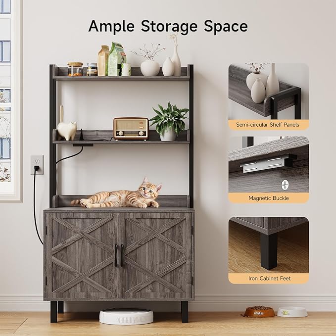 55 Inches Cat Litter Box Enclosure, Hidden Litter Box Furniture with 2 Storage Shelves and Charging Sockets, Wooden Cat House, Large Indoor Cabinet for Living Room & Entryway, Grey-Mewly Pet