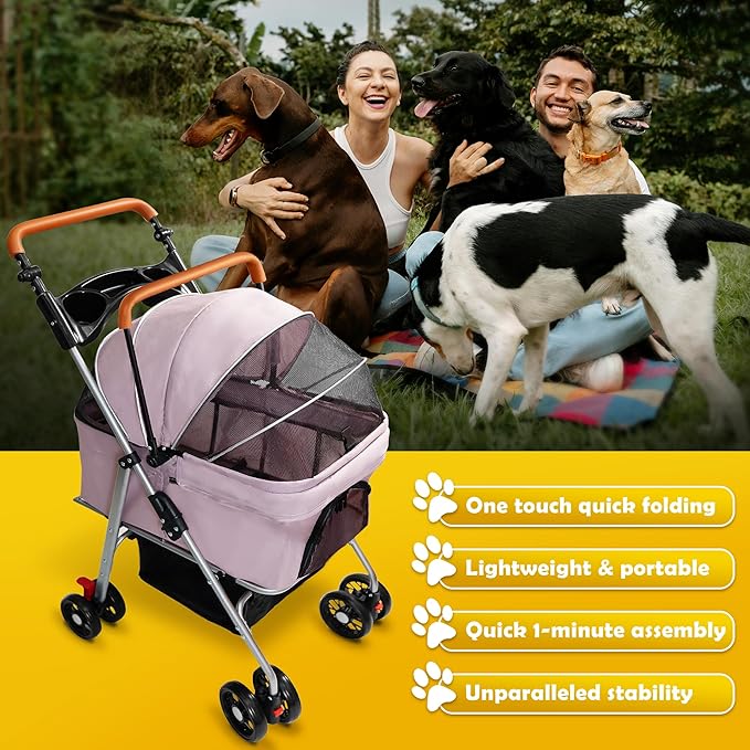 Pet Stroller with Storage Basket and Cup Holder, Folding Dog Jogger, Foldable Cat Stroller, 3 in 1 Puppy Kitten Cart, Pet Jogger for Medium Dog Cat (Pink)-Mewly Pet