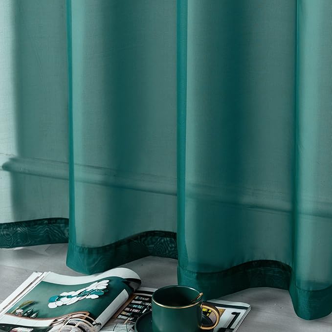 DUALIFE Hunter Green Sheer Curtains 96 Inch Length,Look Semi Sheer Curtain Drapes for Living Room Bedroom Loft Kitchen Bathroom Privacy Voile Window Treatment Panels,52 x 96 Inches,Set of 2