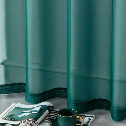 DUALIFE Hunter Green Sheer Curtains 45 Inch Length,Look Semi Sheer Curtain Drapes for Living Room Bedroom Loft Kitchen Bathroom Privacy Voile Window Treatment Panels,52 x 45 Inches,Set of 2