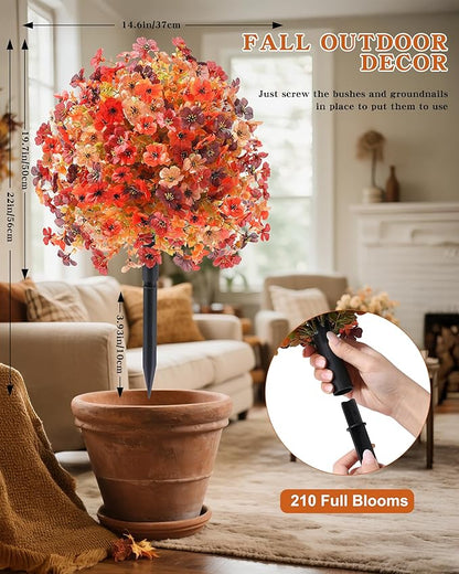 Artificial Mums Topiary Ball Tree With Flowers for Outdoors Fall Decor,Orange UV Resistant Fake Plants With Ground Spike Autumn Decorations for Home,Front Porch,Garden,Thanksgiving,Planters