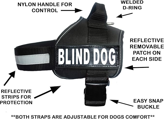 Doggie Stylz Blind Dog Vest Harness with Removable Patches and Reflective Trim. Comes with 2 Blind Dog Reflective Hook and Loop Patches. Measure Dogs Girth Before Purchase (Girth 30”- 42" Black)-Mewly Pet