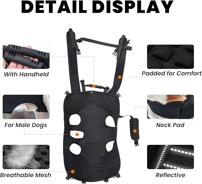 Dog Lift Harness Backpack Carrier for Large Dogs, Full Body Sling with Handle, Dog Harness for Joint Injuries, Arthritis, Ideal for Stairs, Elderly Dogs (Black XXX-Large 66-83 LBS)-Mewly Pet