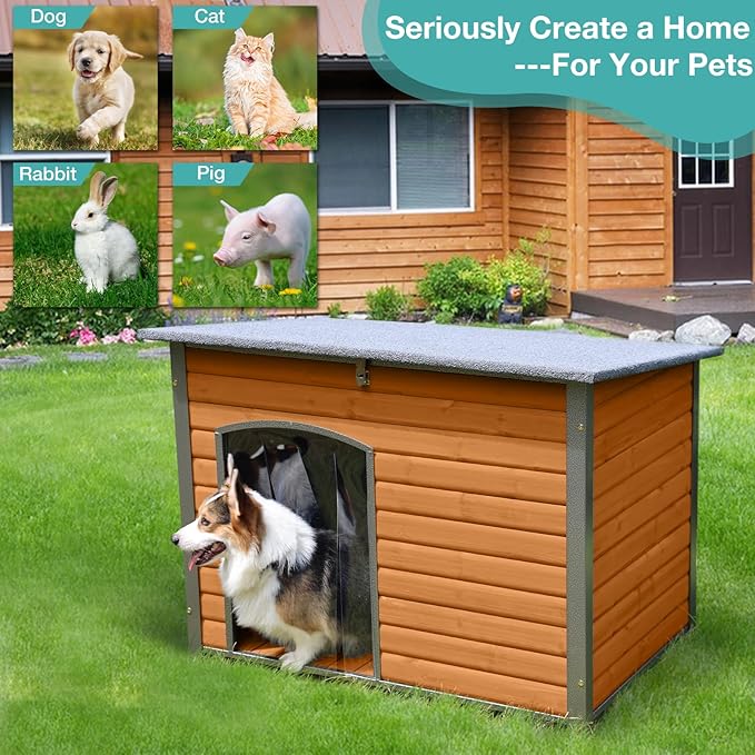 Indoor Outdoor Dog House,Anti-Chewing Iron Frame Dog Kennel,Wood Warm Pets Home,Weatherproof Outside Shelter (43.3" (L) x 29.4" (W) x 33.4" (H) Brown)-Mewly Pet