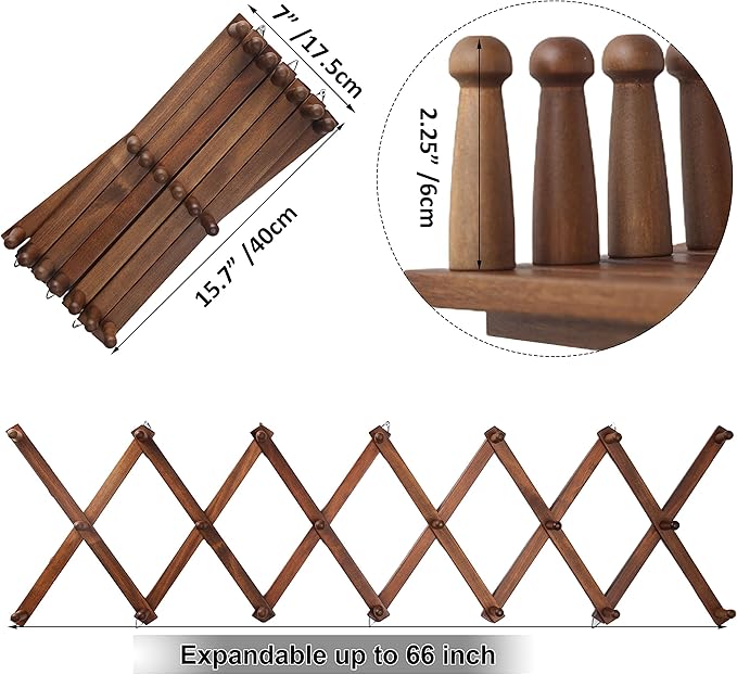 WEBI Accordion Wall Hanger,Expandable Wooden Coat Rack Wall Mounted,Accordion Hat Rack for Wall,Accordion Hook Rack for Hats,Caps,20 Peg Hooks,Walnut Color