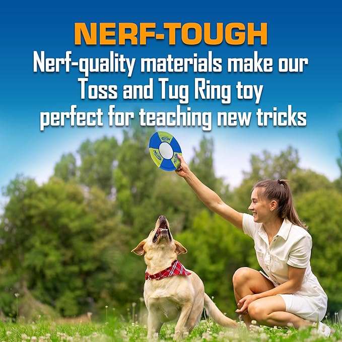 Nerf Dog Trackshot Toss and Tug Ring Outdoor Dog Toy 2 Pack, 9 Inch Dog Tug and Fetch Toy, for Medium and Large Breeds, Blue/Orange/Green-Mewly Pet