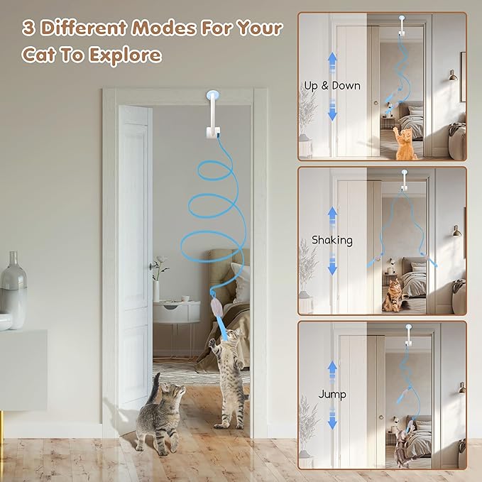 Interactive Cat Toys Rechargeable, Feather Toy for Indoor Cat, Hanging Retractable Teaser Toy, Automatic Kitten Play Chase Exercise Toys with Three Plush Mouse, USB Powered (Blue)-Mewly Pet