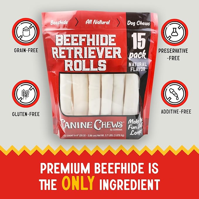 Canine Chews 8-9" Retriever Rolls for Large Dogs - Pack of 15 All-Natural Beef Hide Dog Chews for Aggressive Chewers - 3.7 lb.-Mewly Pet