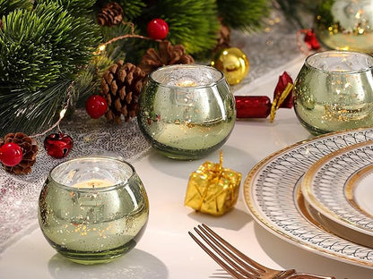 LAMORGIFT 24 Pcs Green Candle Holders - Mercury Glass Tealight Candle Holders for Spring Wedding, Birthday, Dinner Party Table Decor, Guest Favors