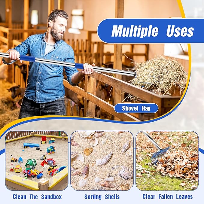 Large Chicken Poop Scooper, Heavy Duty Chicken Coop Scoop for Sand, 35" to 64" Adjustable Stainless Steel Handle, Multifunctional Sifting Shovel for Chicken Coop/Goat Stall/Stable Cleaning-Mewly Pet