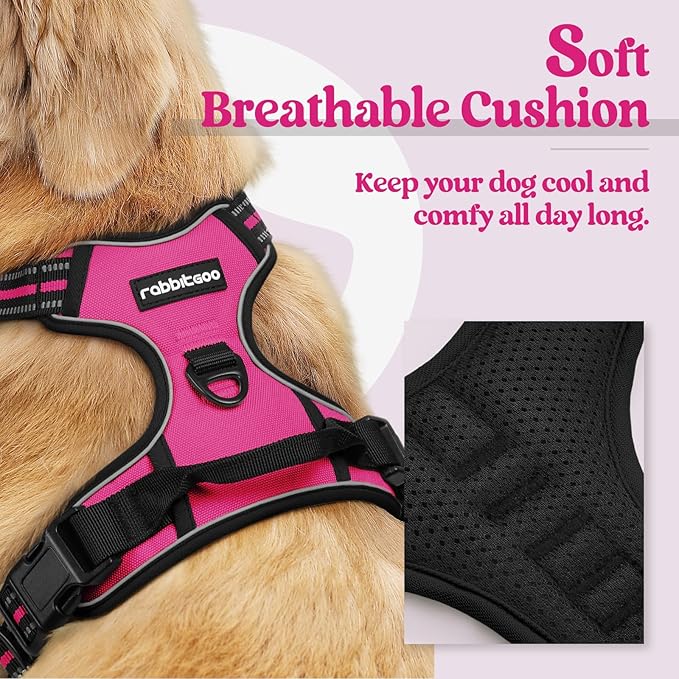 rabbitgoo Dog Harness No Pull with 2 Leash Clips, Adjustable Soft Padded, Reflective Oxford No Choke Pet Vest with Easy Control Handle for Large Dogs, Hot Pink, XL-Mewly Pet
