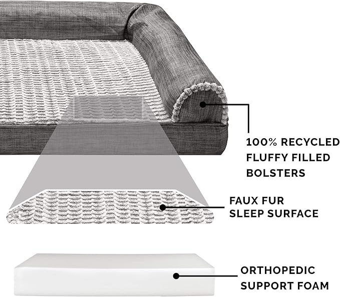 Furhaven Orthopedic Dog Bed for Large Dogs w/ Removable Bolsters & Washable Cover, For Dogs Up to 125 lbs - Luxe Faux Fur & Performance Linen Sofa - Charcoal, Jumbo Plus/XXL-Mewly Pet