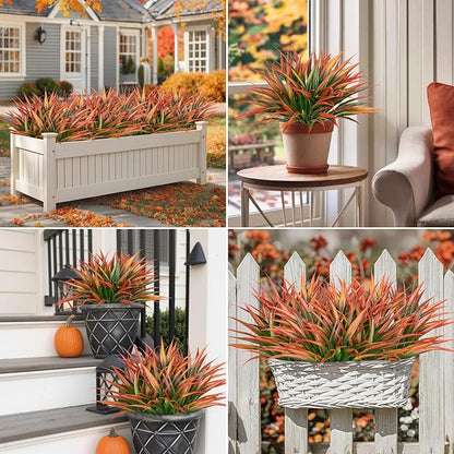 Ouddy Decor 20 Pcs Fake Fall Outdoor Plants Artificial Grass Fall Stems Faux Plastic Plants UV Resistant for Autumn Indoor Outside Garden Hanging Planter Porch Patio Window Box Home Decor, Orange