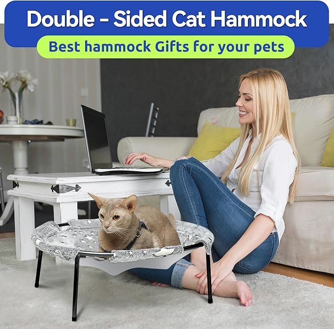 Elevated Cat Bed, Glow-in-The-Dark Fabric Cat Hammock Bed for Large Indoor Cats, Machine Washable & Breathable Cover, Tool Free Easy Assembly, up to 66Lbs (Gray, L)-Mewly Pet