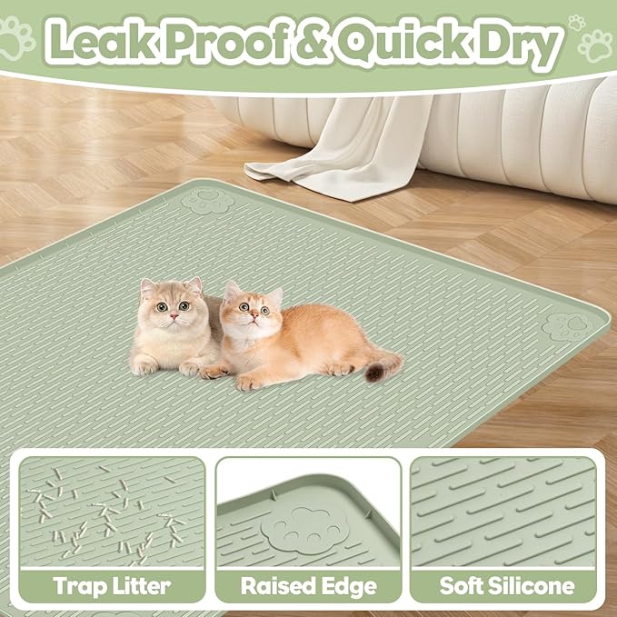 Cat Litter Mat, Extra Large 40" x 28" Silicone Mat Litter Trapping Mat for Scatter Control, Soft on Kitty Paws, Easy to Clean (Green)-Mewly Pet