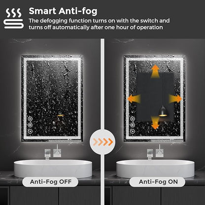 Koonmi 20x28 LED Bathroom Mirror, Backlit + Front Lit, LED Bathroom Mirror with Lights for Wall, 3 Colors, Anti-Fog, Dimmable Brightness, Memory Function, Tempered Glass
