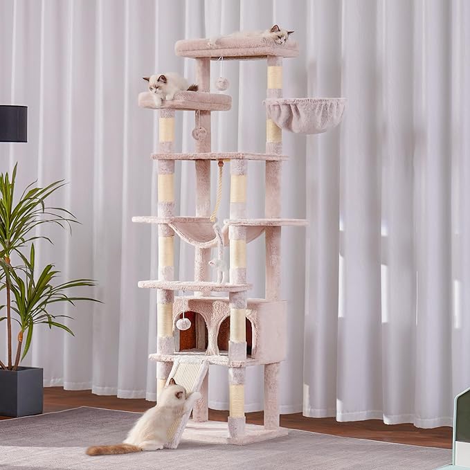 Heybly Tall Cat Tree, 78-inch Multi-Level Cat Tower for Indoor Cats, 2 Widened Plush Perches Cat Condo with Scratching Board and Big Caves, Muchroom HCT033MU-Mewly Pet