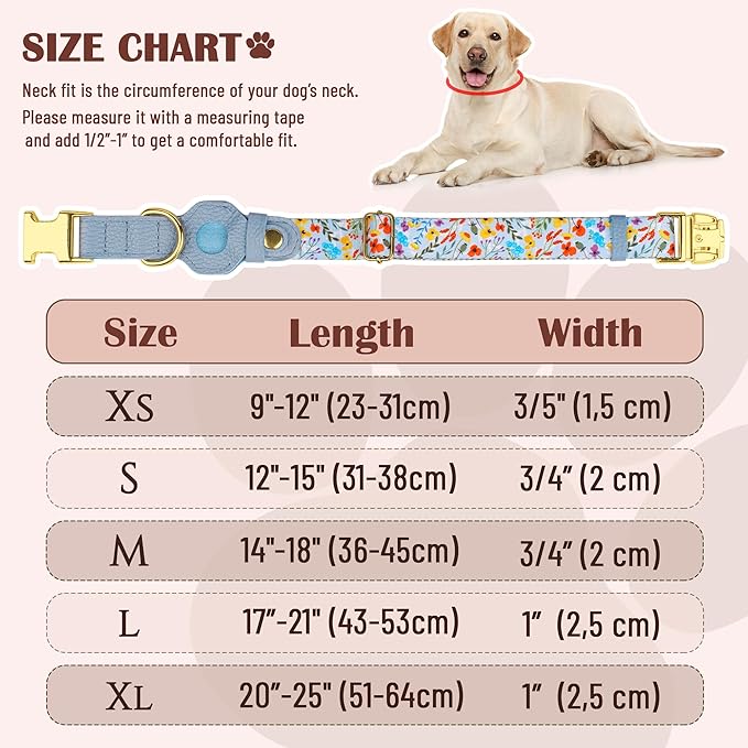 AirTag Dog Collar for Small Medium Large Breed - Adjustable Cute Pattern Dog Collar with Airtag Holder - Soft Leather Tracker GPS Apple Air Tag Pet Collars (Large, 17"-21" Neck Fit, Floral)-Mewly Pet