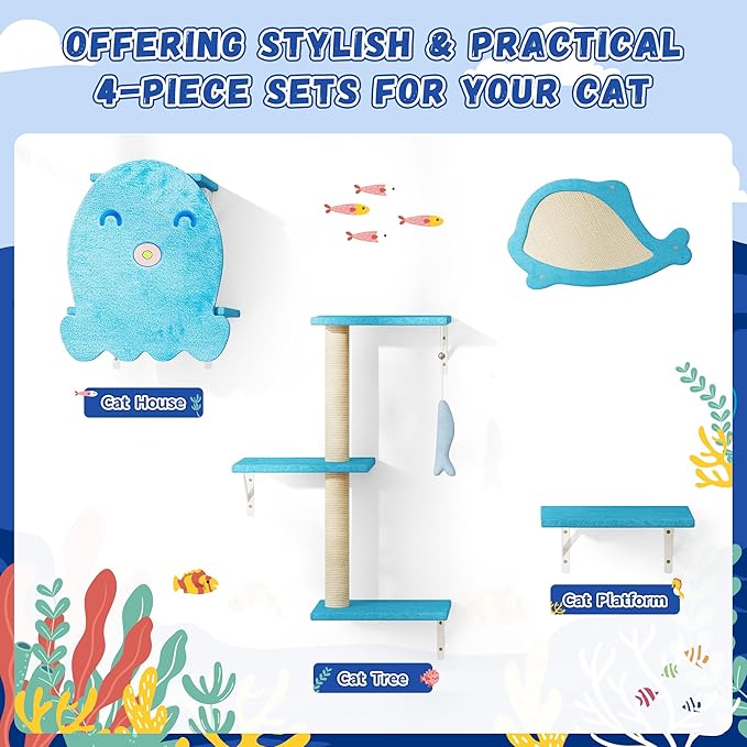 COZIWOW 4-Piece Wall-Mounted Cat Tree Set – Sturdy Wood Pet House, Scratching Board, Platforms, Sisal Posts & Blue Fish Charm – Ocean Blue-Mewly Pet