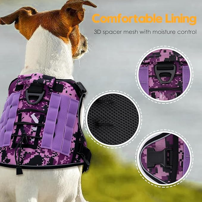 Heavy-Duty Tactical Dog Harness for Large Dogs, No Pull Adjustable Reflective Pet Vest with Molle System, K9 Military-Grade Control for Service Training, Outdoor & 10+ Breeds, Purple Camo, Large-Mewly Pet
