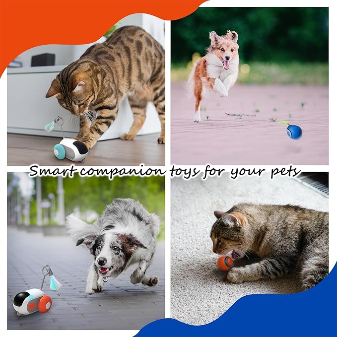 1pc Interactive Automatic Remote Control Cat Mice Car Toy and 1pc Smart Electric Moving Speedy Cat Ball Toy with Feather Tail, Suitable for Dogs, Keep Busy, Stimulating, Rechargeable (Blue)-Mewly Pet