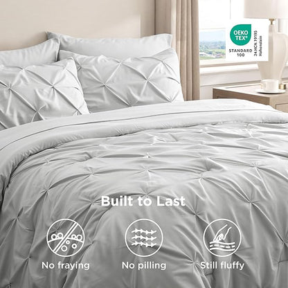 Bedsure Full Size Comforter Sets - Bedding Sets Full 7 Pieces, Pintuck Bed in a Bag Light Grey Bed Set with Comforter, Sheets, Pillowcases & Shams