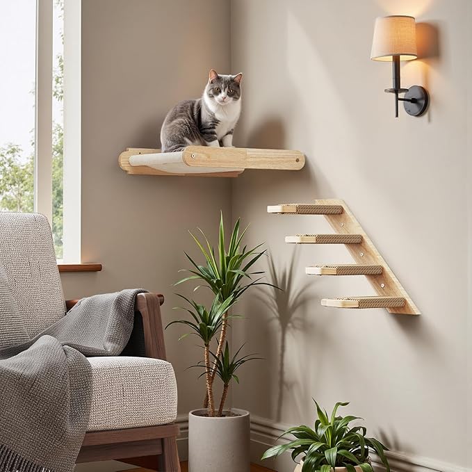 HOOBRO Wood Cat Wall Shelf, Cat Hammock and Wall-Mounted Bed Furniture with Soft Fabric, 18.9" L x 13.8" W, Easy to Install, Holds up to 40 lb, for Lounging, Playing, Sleeping, Natural NL03CS03N1-Mewly Pet